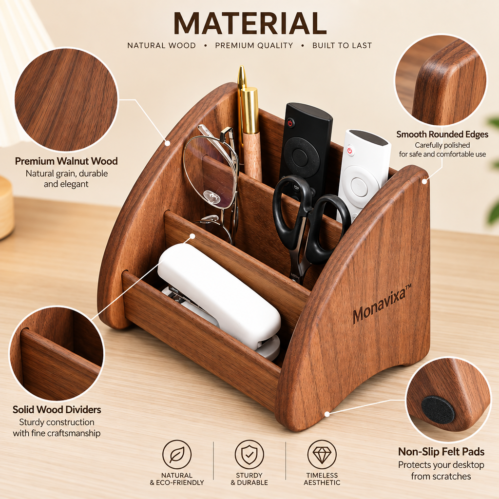 Monavixa™ Walnut Desktop Organizer — Multi-Compartment Desk Storage