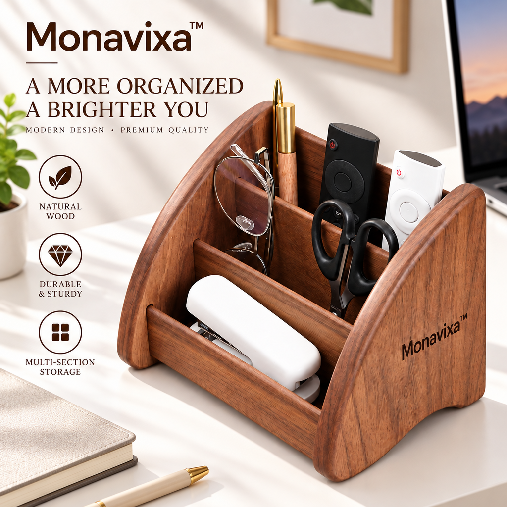 Monavixa™ Walnut Desktop Organizer — Multi-Compartment Desk Storage